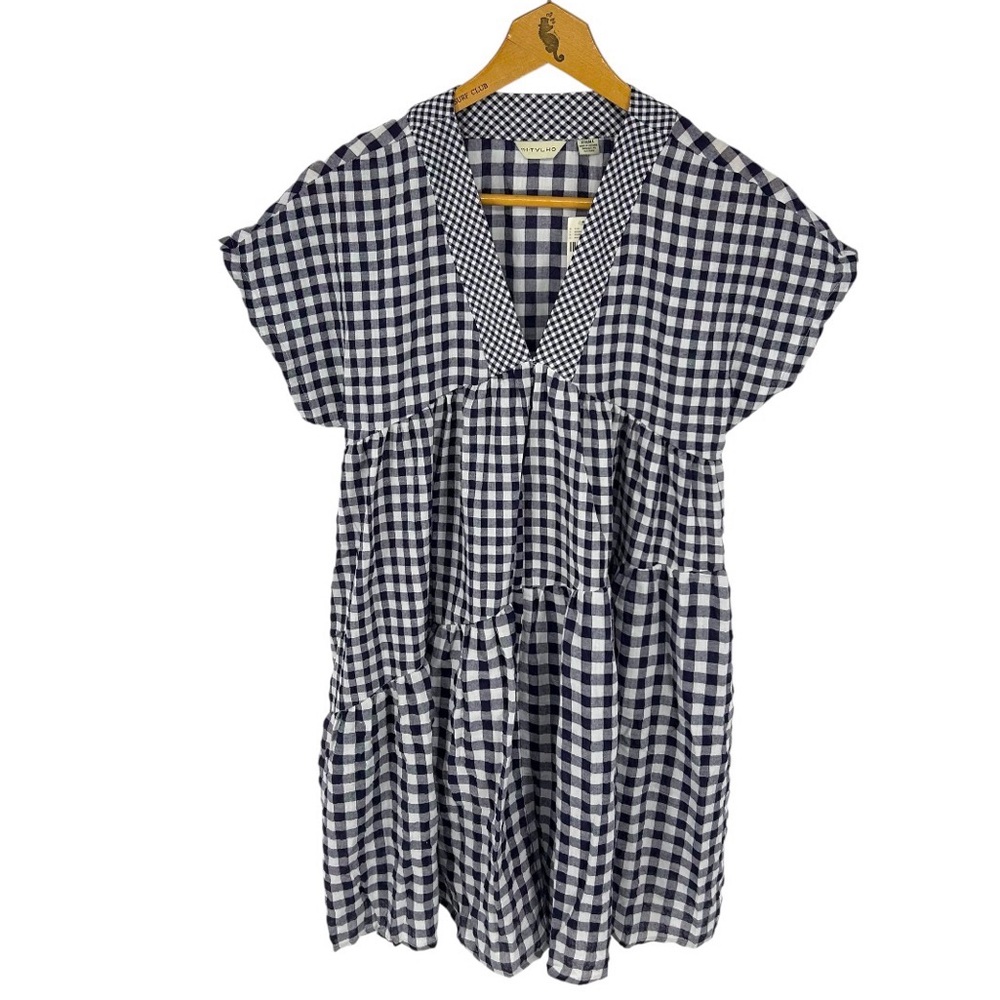 NWT Anthropologie 11-1-TYLHO Navy Blue Gingham Swing Mini Dress Size Extra Small